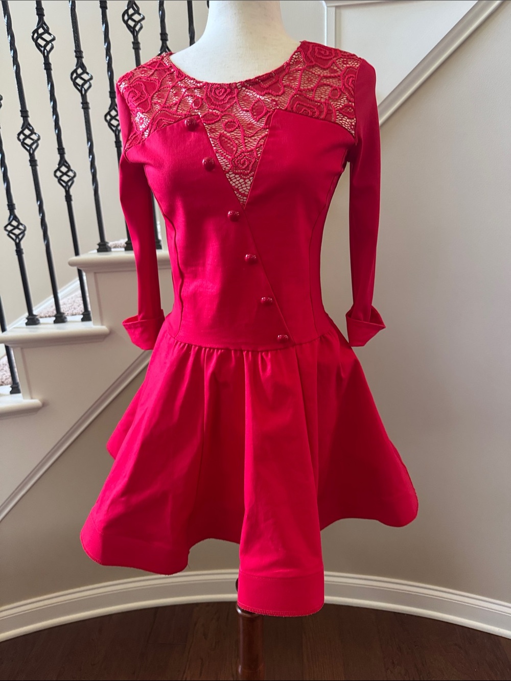 Weissman Red Lace Yoke Fit-and-Flare Mini Dress
